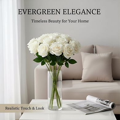 Ivory Real Touch Roses 15 Stems, Artificial Silk Flowers Bouquet for Wedding Party