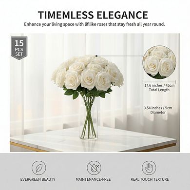 Ivory Real Touch Roses 15 Stems, Artificial Silk Flowers Bouquet for Wedding Party