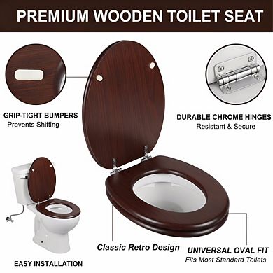 Metal Hinged Wood Veneer Toilet Seat, Dark Walnut Elongated Easy-Clean