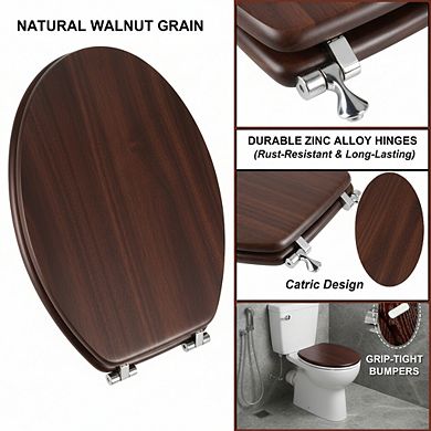 Metal Hinged Wood Veneer Toilet Seat, Dark Walnut Elongated Easy-Clean