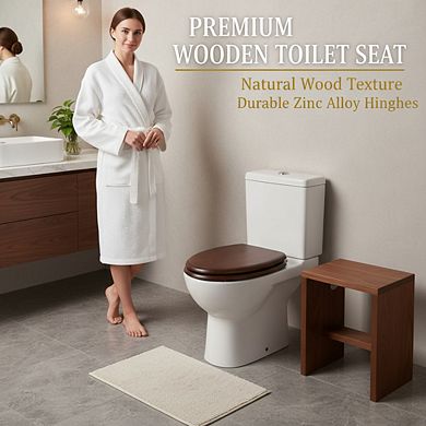 Metal Hinged Wood Veneer Toilet Seat, Dark Walnut Elongated Easy-Clean