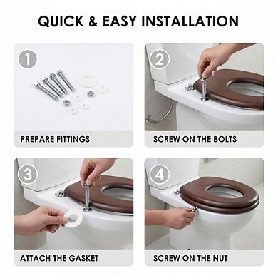 Metal Hinged Wood Veneer Toilet Seat, Dark Walnut Elongated Easy-Clean