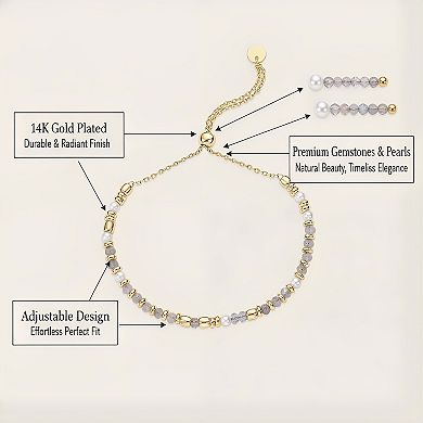 KSIZUIS 14K Gold Plated Adjustable Gemstone Beaded Bracelet - Pearl & Boho Stone Options, Dainty Gif
