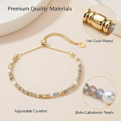 KSIZUIS 14K Gold Plated Adjustable Gemstone Beaded Bracelet - Pearl & Boho Stone Options, Dainty Gif