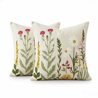 Floral Daisy Embroidered Pillow Covers Set of 2 Tufted Linen