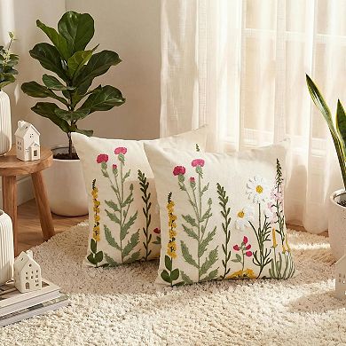 Floral Daisy Embroidered Pillow Covers Set of 2 Tufted Linen