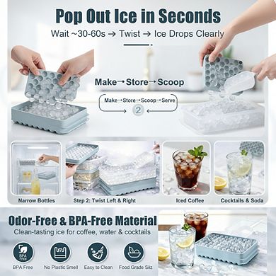 Mini Ice Cube Trays 2-Pack Blue, Tiny Pebble Ice Fast Chill Twist Release with Lid & Bin