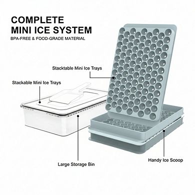 Mini Ice Cube Trays 2-Pack Blue, Tiny Pebble Ice Fast Chill Twist Release with Lid & Bin