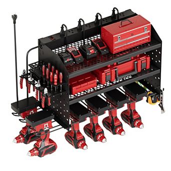Heavy Duty Power Tool Organizer with Charging Station Wall Mount Garage Storage Shelf