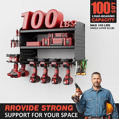 Heavy Duty Power Tool Organizer with Charging Station Wall Mount Garage Storage Shelf
