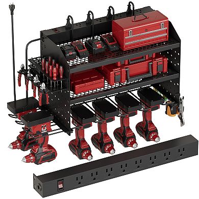 Heavy Duty Power Tool Organizer with Charging Station Wall Mount Garage Storage Shelf
