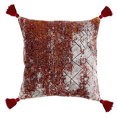 HomeRoots 18" Red And Silver Abstract Geometric Viscose Throw Pillow Cover with Tassels