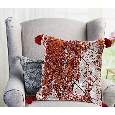 HomeRoots 18" Red And Silver Abstract Geometric Viscose Throw Pillow Cover with Tassels