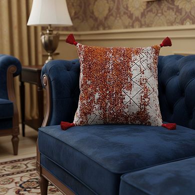 HomeRoots 18" Red And Silver Abstract Geometric Viscose Throw Pillow Cover with Tassels