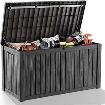 EFU 180 Gallon Weatherproof Deck Box, Lockable Resin Storage Container with Hydraulic Rods