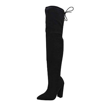 Over-the-Knee Stretch Block Heel Tie-Back Boots