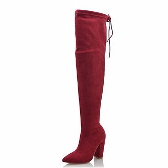 Over-the-Knee Stretch Block Heel Tie-Back Boots