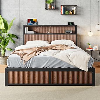 Queen wood lift storage bed frame grooves large capacity