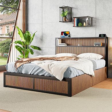Queen wood lift storage bed frame grooves large capacity