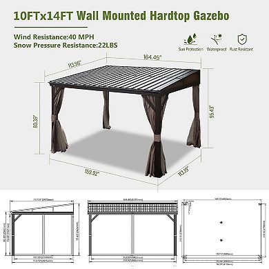 10x14 Lean to Hardtop Gazebo Wall Mounted with Gutters Metal Roof