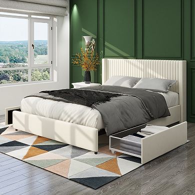 Anna Queen 2-drawer storage bed ivory velvet wingback
