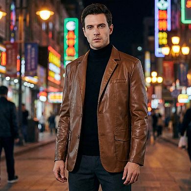 Men's Faux Leather Blazer Regular Fit Vintage Casual Two Button Sport Coat