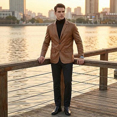 Men's Faux Leather Blazer Regular Fit Vintage Casual Two Button Sport Coat