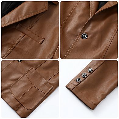 Men's Faux Leather Blazer Regular Fit Vintage Casual Two Button Sport Coat