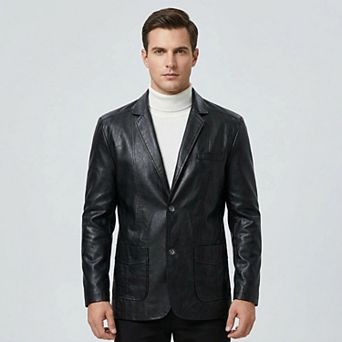 Men's Faux Leather Blazer Regular Fit Vintage Casual Two Button Sport Coat