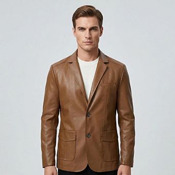 Men's Faux Leather Blazer Regular Fit Vintage Casual Two Button Sport Coat