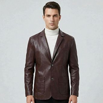 Men's Faux Leather Blazer Regular Fit Vintage Casual Two Button Sport Coat