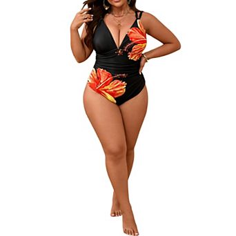 Women's One Piece Swimsuit Deep V Neck Tummy Control Cutout Back Floral Print Bathing Suit