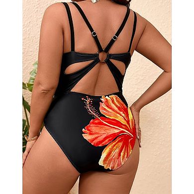 Women's One Piece Swimsuit Deep V Neck Tummy Control Cutout Back Floral Print Bathing Suit