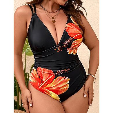 Women's One Piece Swimsuit Deep V Neck Tummy Control Cutout Back Floral Print Bathing Suit
