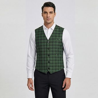 Men's Plaid Suit Vest Slim Fit Single Breasted Formal Printed Dress Waistcoat