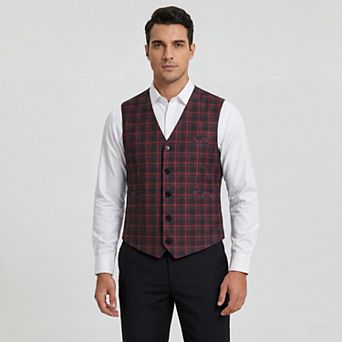Men's Plaid Suit Vest Slim Fit Single Breasted Formal Printed Dress Waistcoat