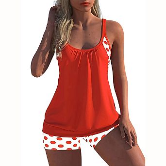 Women's 2 pc Tankini Set - Polka Dot Accent Loose Tank Top & High-Waisted Boyshorts