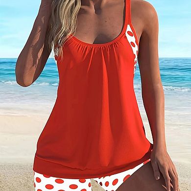 Women's 2-Piece Tankini Set - Polka Dot Accent Loose Tank Top & High-Waisted Boyshorts