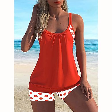Women's 2-Piece Tankini Set - Polka Dot Accent Loose Tank Top & High-Waisted Boyshorts