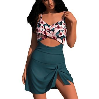 Women's One Piece Swim Dress - Floral Print Twist Top & Crisscross Back Tie with Skirted Bottom