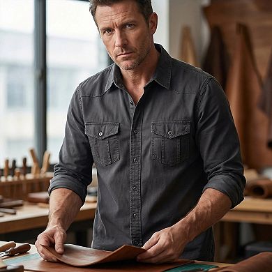 Men's Long Sleeve Slim Fit Cotton Work Shirt Utility Button Down Cargo Top