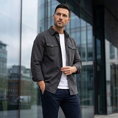 Men's Long Sleeve Slim Fit Cotton Work Shirt Utility Button Down Cargo Top