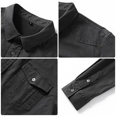 Men's Long Sleeve Slim Fit Cotton Work Shirt Utility Button Down Cargo Top