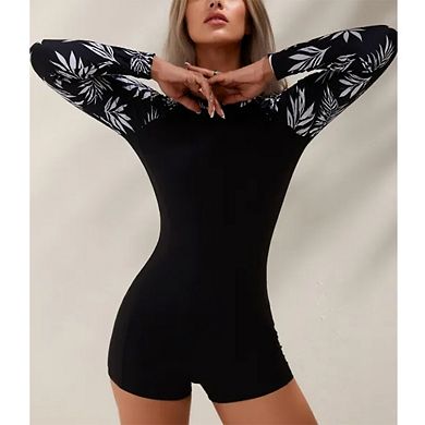 Women's Long Sleeve One Piece Swimsuit - Palm Leaf Print Raglan Sleeve & Back Zipper