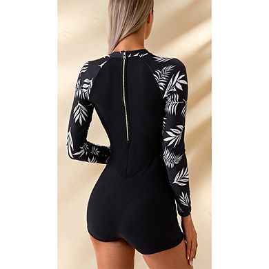 Women's Long Sleeve One Piece Swimsuit - Palm Leaf Print Raglan Sleeve & Back Zipper