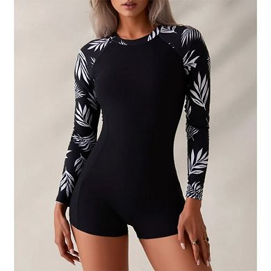 Women's Long Sleeve One Piece Swimsuit - Palm Leaf Print Raglan Sleeve & Back Zipper