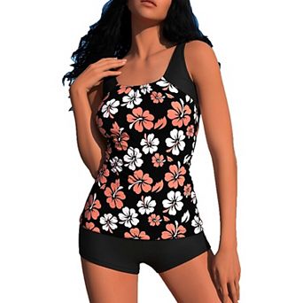 Women's Two Piece Tankini Swimsuit - Floral Print Top with High Waisted Shorts, Adjustable Straps