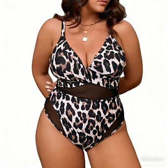 Women's Leopard Print One Piece Swimsuit - Sheer Mesh Waist Panel & Adjustable Straps