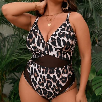 Women's Leopard Print One Piece Swimsuit - Sheer Mesh Waist Panel & Adjustable Straps
