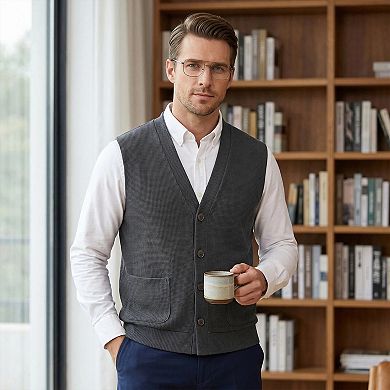 Men's Waffle Knit Sweater Vest - V-Neck Button Down Sleeveless Cardigan Pockets